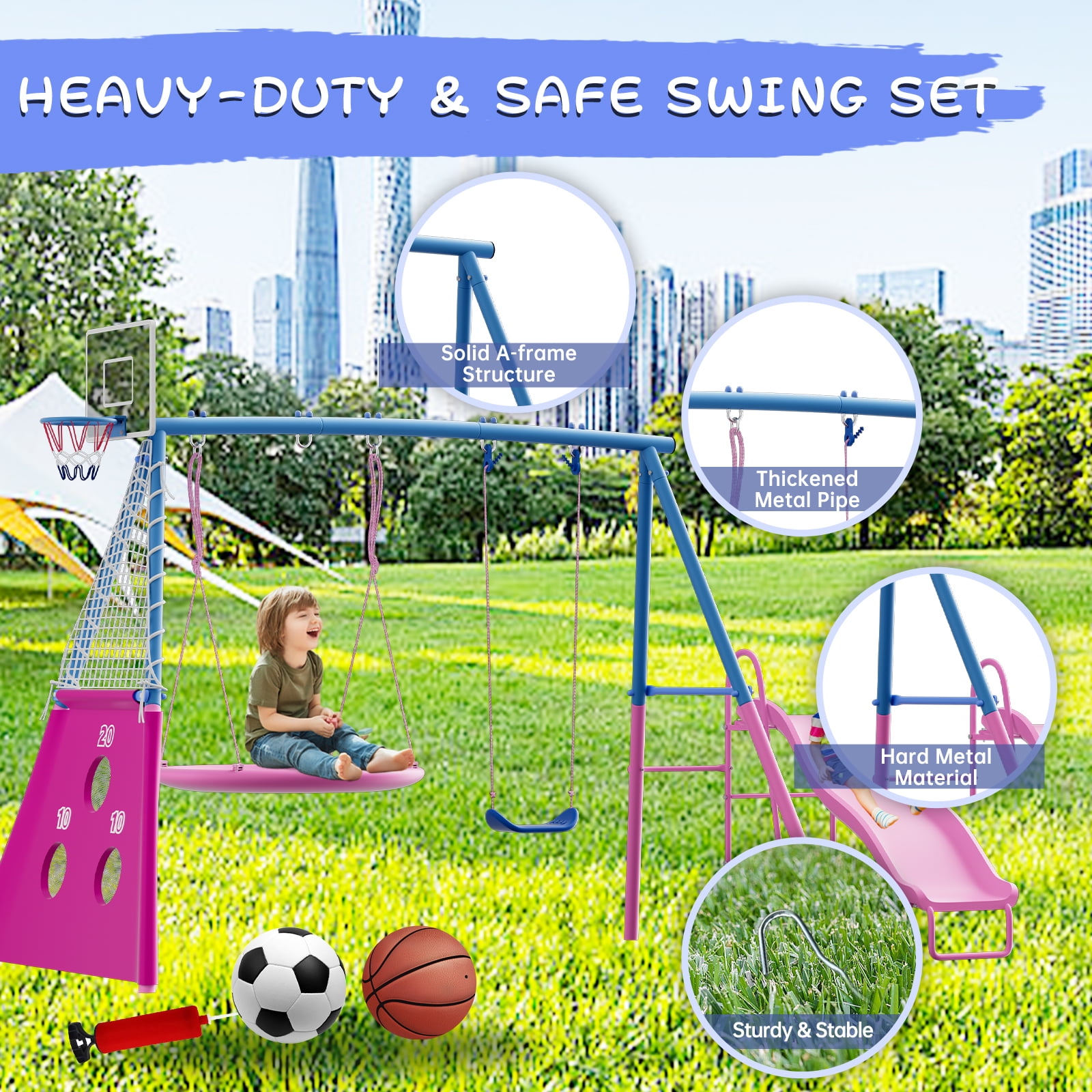 SENCHO GINSYTALIOR 5-in-1 Swing Set, Outdoor Metal Swing