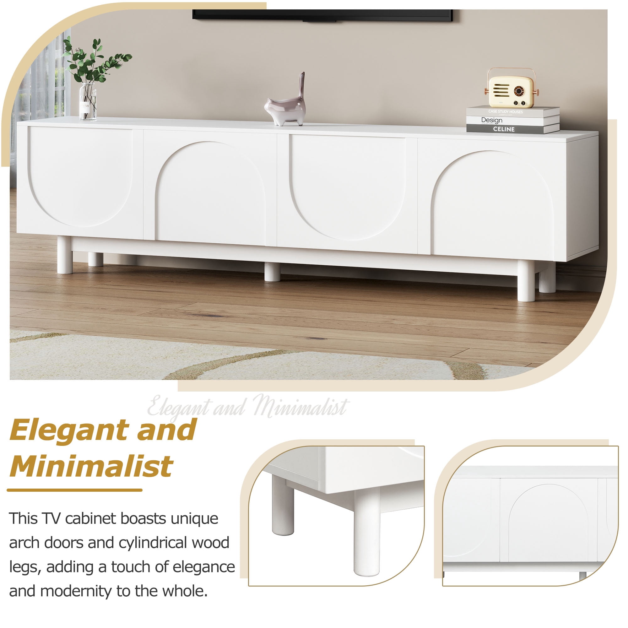 Euroco Modern Arched Door TV Stand with Adjustable Shelves and Cable Management – Media Console with Solid Wood Legs