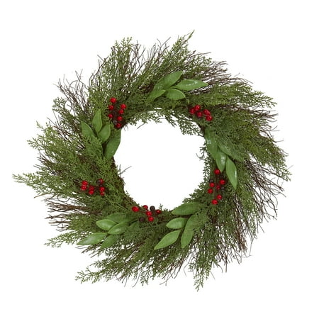Cedar Wreath Nearly Natural 20in. Cedar and Ruscus with Berries Artificial Wreath ()