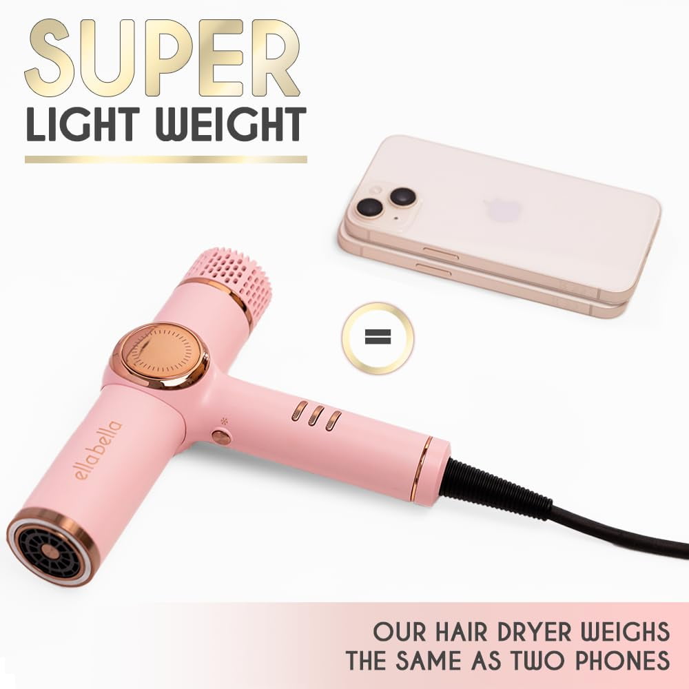 ELLA BELLA® Professional Ionic Hair Dryer with Diffuser, Negative Ion Blow Dryer, Suitable All Hair Types • Intelligent Heat Control & Rapid Drying Speeds • Lightweight Design & Low Noise (Pink)