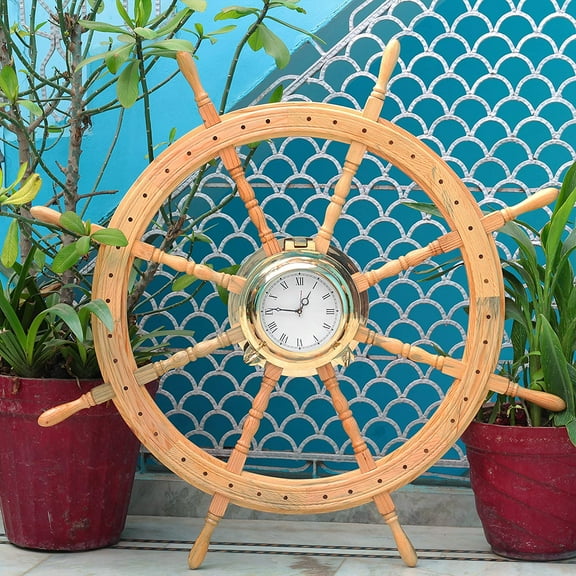 Nagina International Premium Nautical Luxurious Elegant Pine Maritime Crafted Brass Porthole Clock Ship Wheel with Large Roman Dial Face | Sailor's Nursery Birthday Gift (48 Inches)