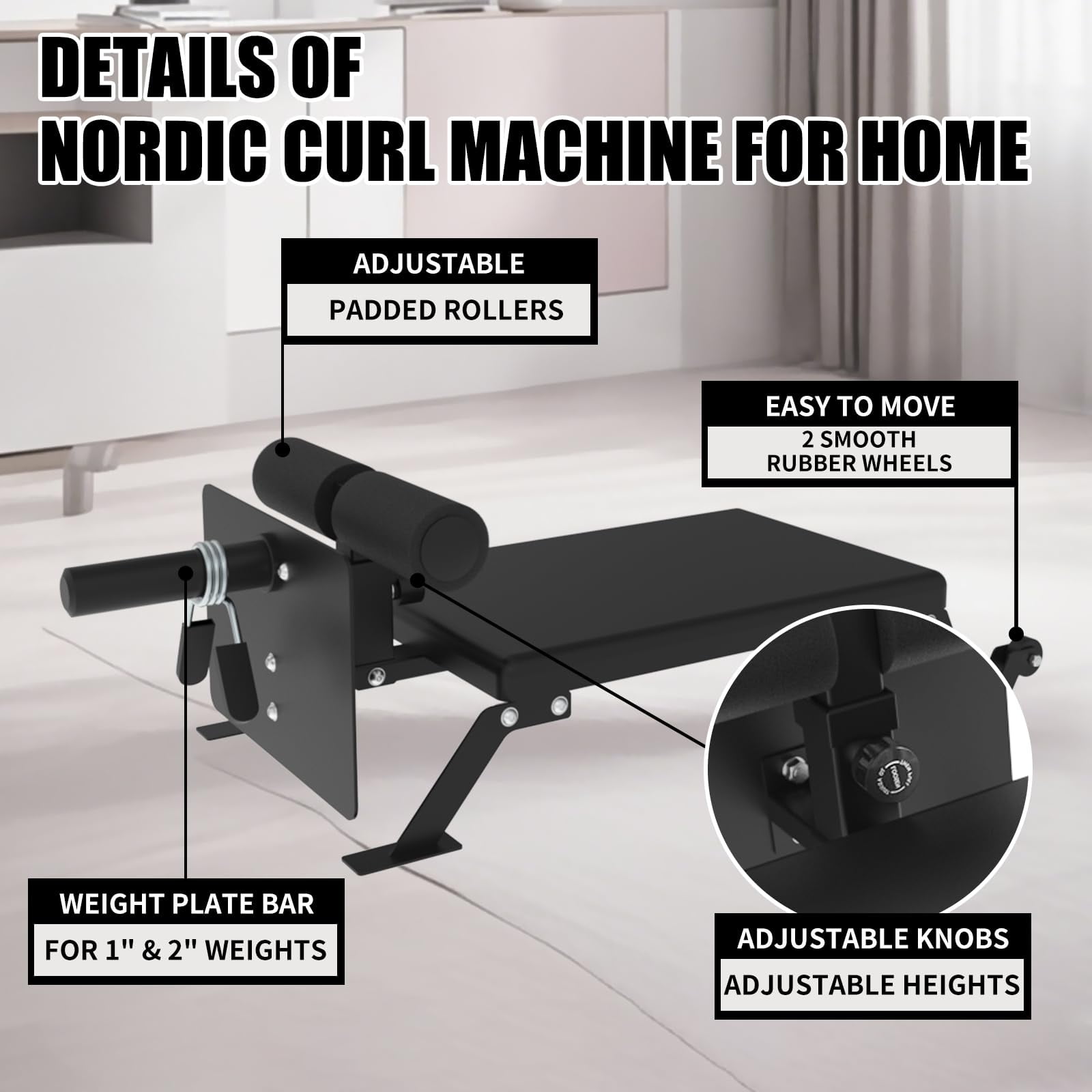 Huisuilinss Nordic Curl Machine,Adjustable Hamstring Curl Bench,Nordic Bench With Wheels,Glute Machine,Home Gym Equipment For Leg Workouts