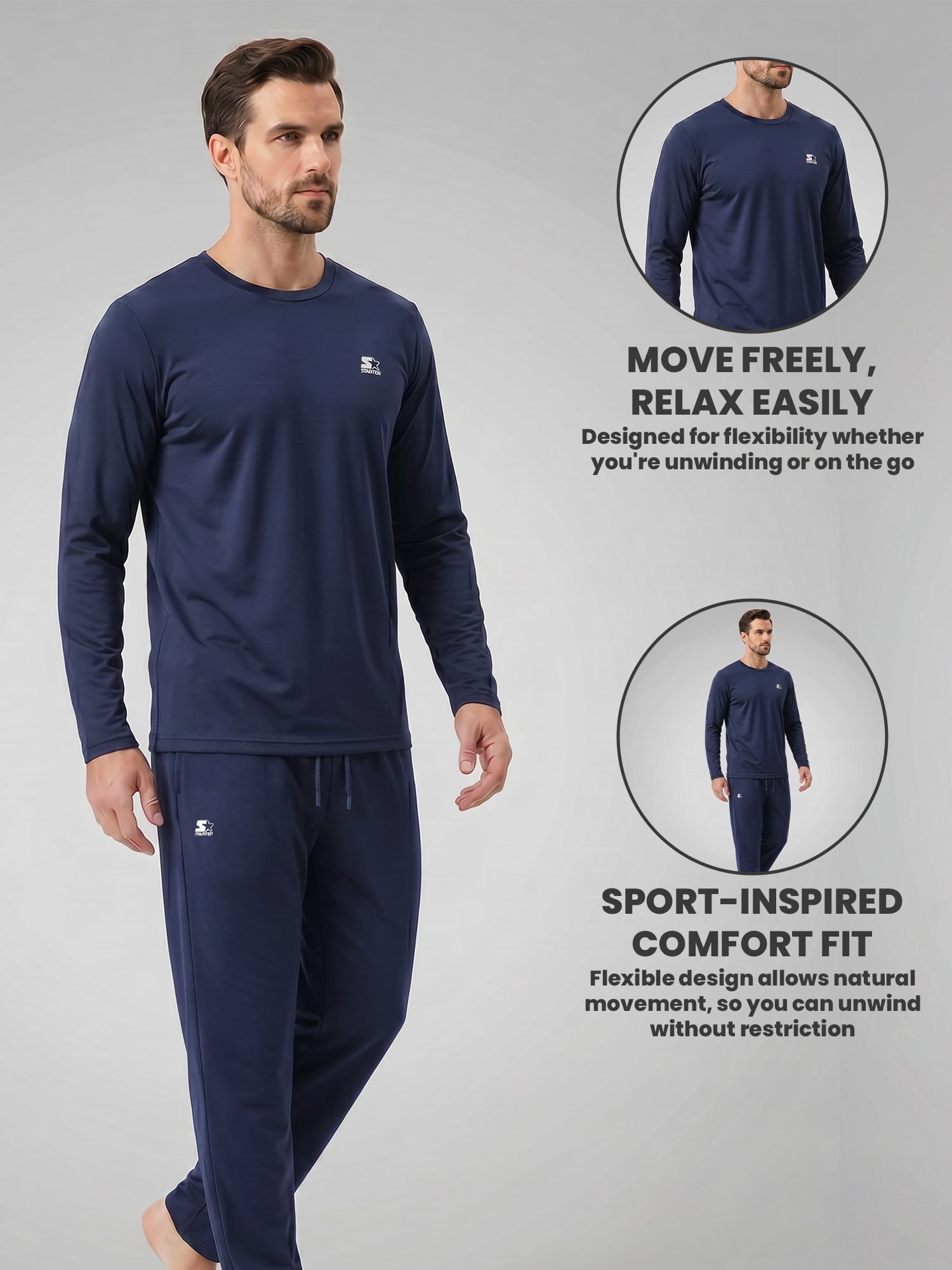 Starter Men's Pajamas 2-Piece Super Soft Long Sleeve Top and Pant Set, Navy, XL