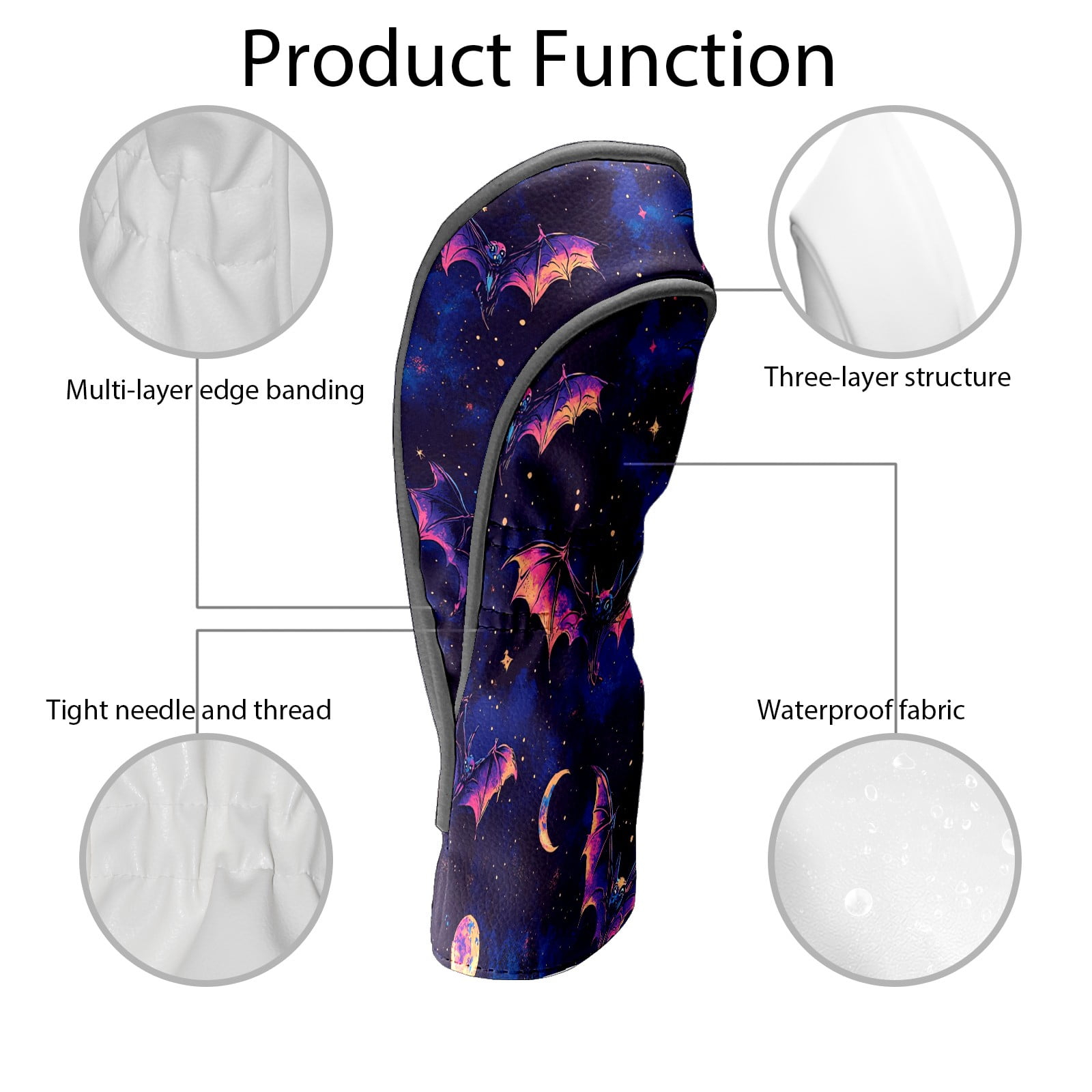 Golf Club Head Covers - Galaxy Purple Bat Design, Premium PU Leather Driver Hybrid Headcovers with Velvet Lining, Waterproof Golf Gifts for Men Women