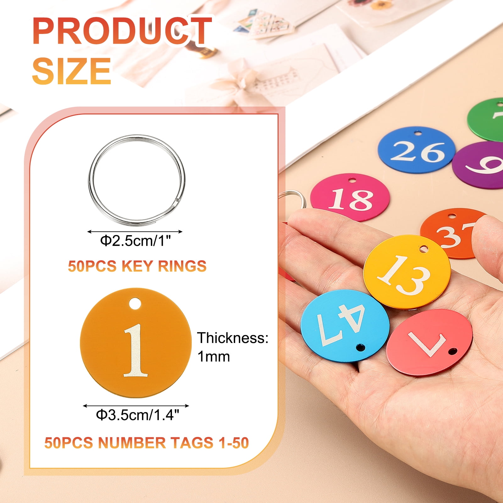 50PCS Number Tags 1-50, Number Key Tags Aluminum Numbered Tags Metal Key Tags Keychain with Key Rings for Organizer Field Sales Hangers Clothes Labels ID Tag, Gold