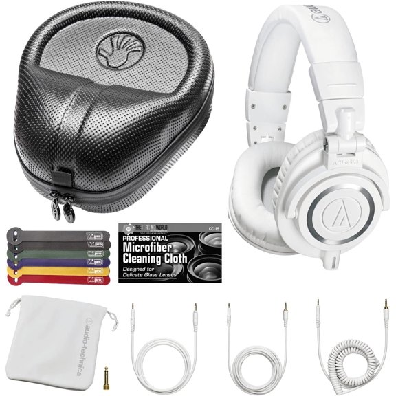Audio-Technica ATH-M50x Professional Monitor Headphones White   Slappa Full Sized HardBody PRO Headphone Case SL-HP-07   Bundle
