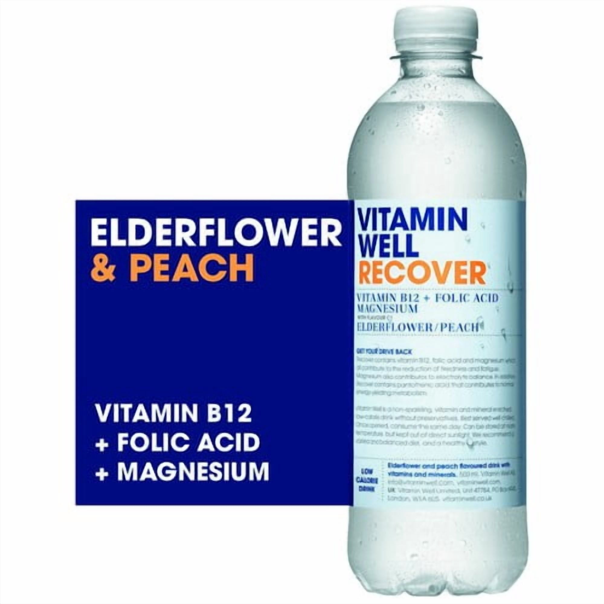 Vitamin Well Water Recover Elderflower & Peach 500ml, British Import (Pack of 6)