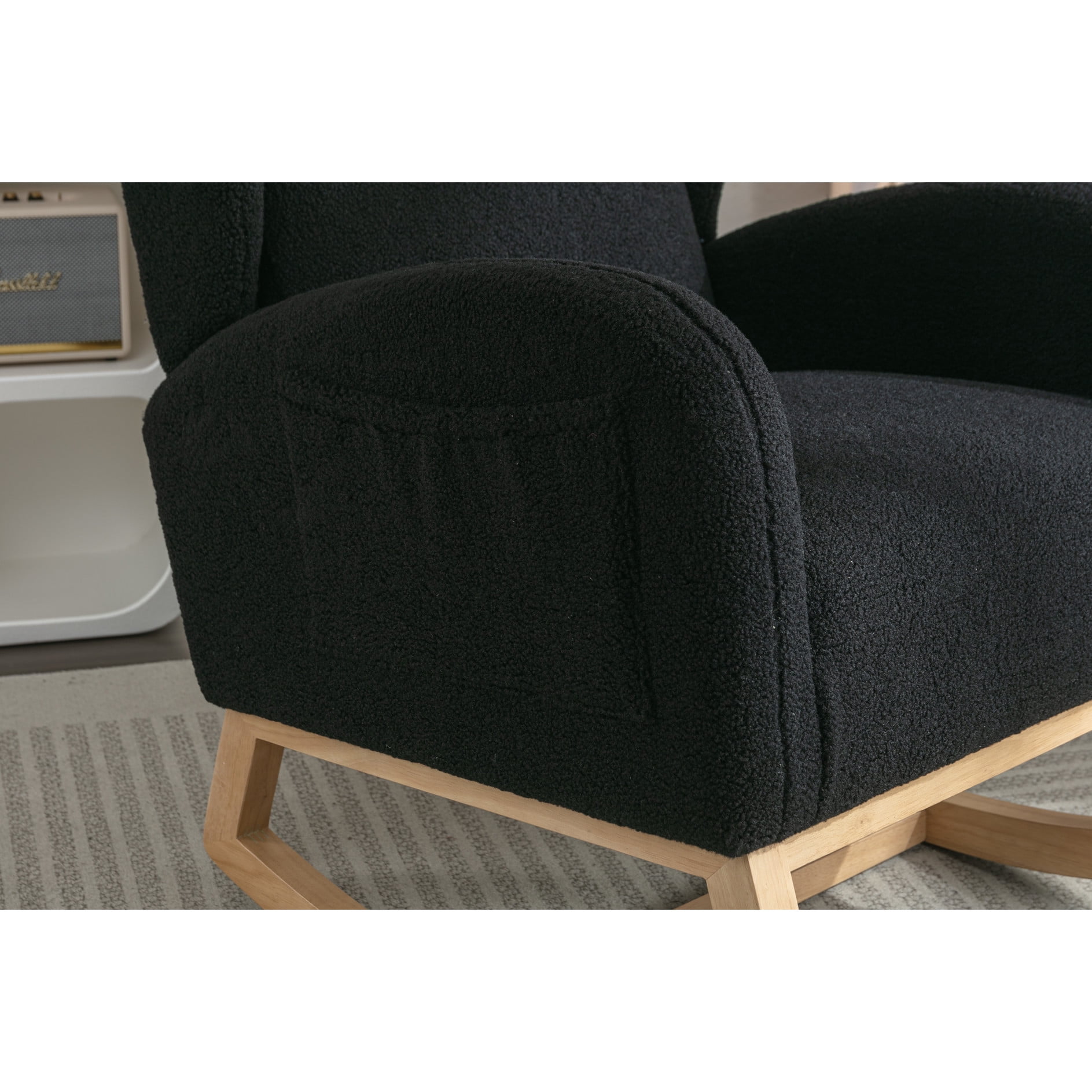 Simple Assembly Rocking Chair In Black Fabric For Living Area With And Wooden Frame