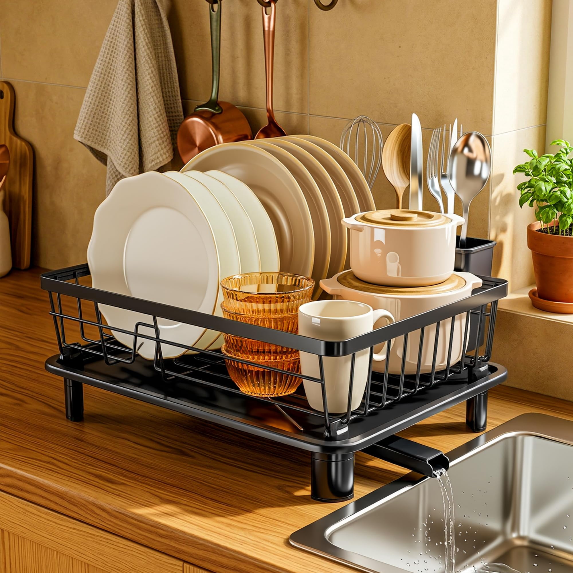 Dish Drying Rack  Stainless Steel Racks For Kitchen Counter Drainer With Removable Utensil Holder Drainboard (black 11''w X 15''l)