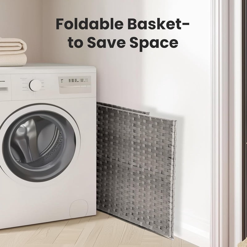 Simenmax 90L Foldable Laundry Hamper with Lid, Woven Laundry Basket with Removable Washable Liner, Rattan Clothes Hamper Sturdy Steel Frame Rattan Basket, Gray