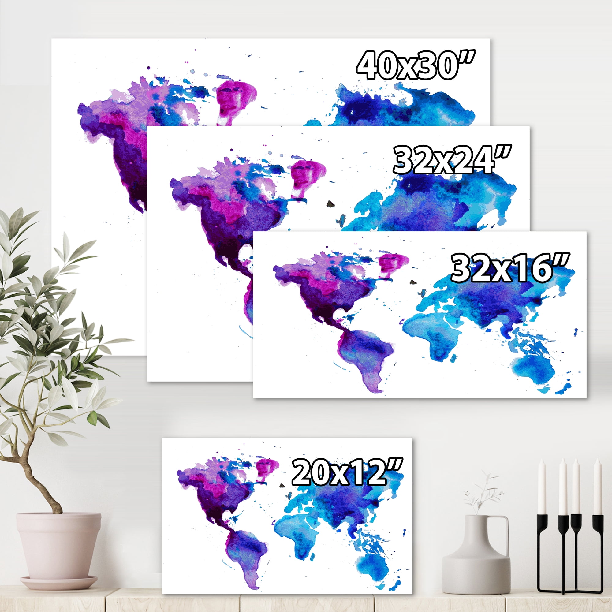 Blue and Purple Map Of The World 8 in x 12 in Painting Canvas Art Print, by Designart