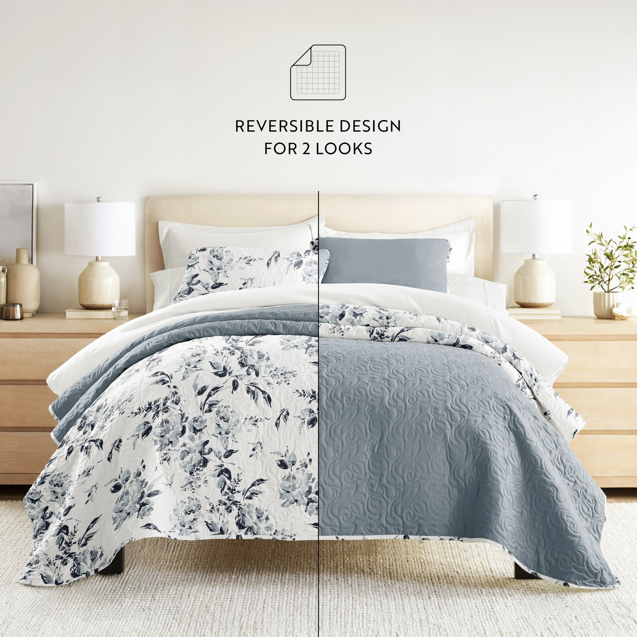 Noble Linens 3-Piece Light Blue Rose Garden Reversible Quilt Set, King