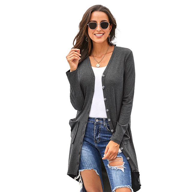 U.Vomade Women's Mid-Sleeve Solid Button-Down Long Knit Cardigan Sweater Jacket