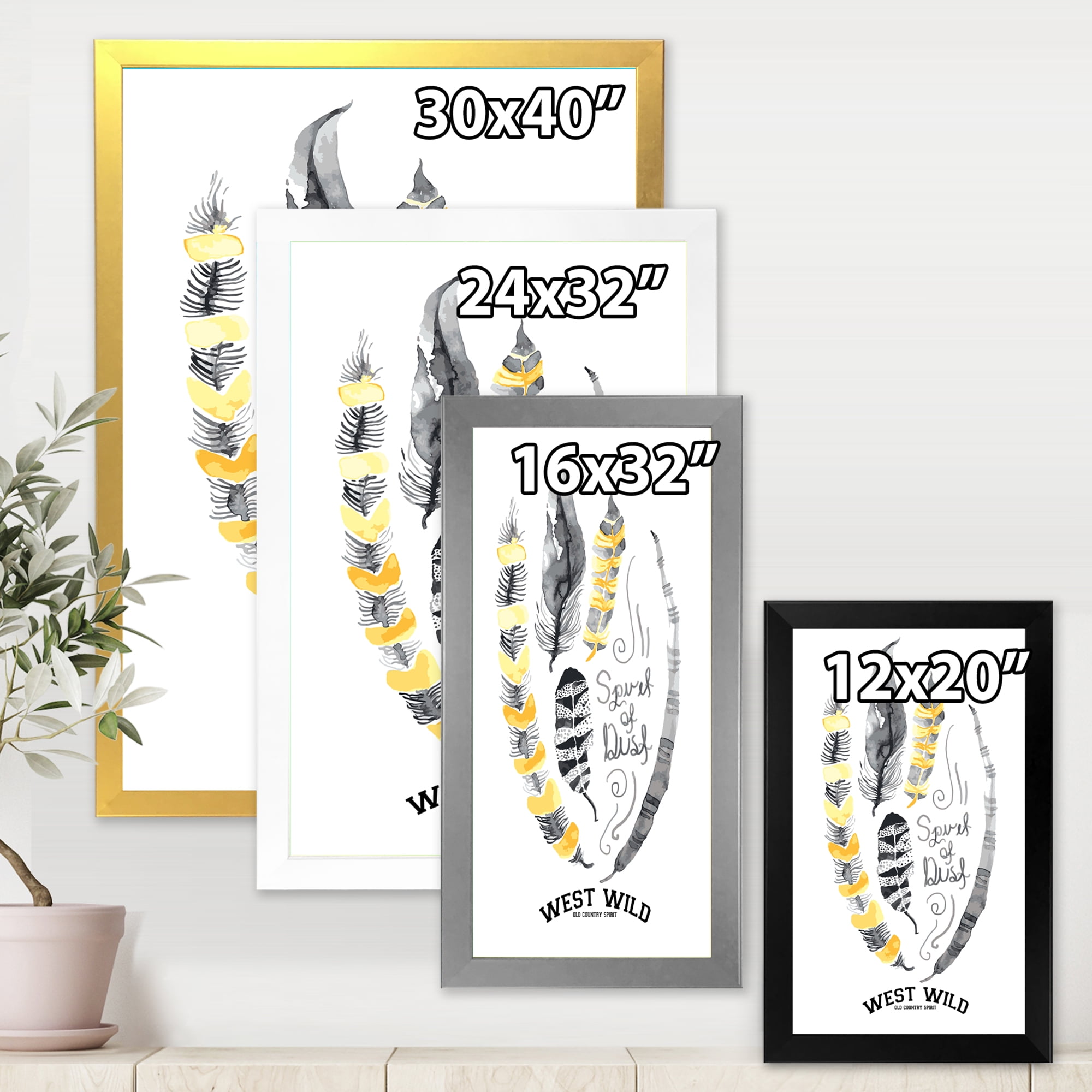 Designart 'Yellow Ethnic Plume Feathers On White' Bohemian & Eclectic Framed Art Print