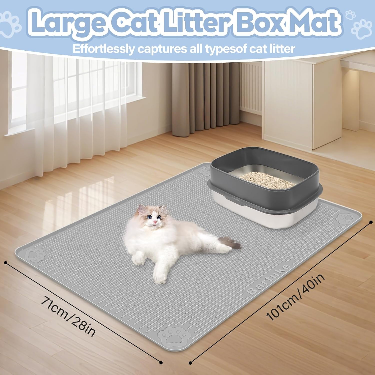 Kalolary Cat Litter Mat, Extra Large 40" x 28" Silicone Mat Litter Trapping Mat for Scatter Control, Soft on Kitty Paws, Easy to Clean (Gray)
