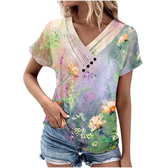 Staron Women's V-Neck Floral Print Casual Short Sleeve Top Spring Summer Fashion Blouse Shirt, Green XXL