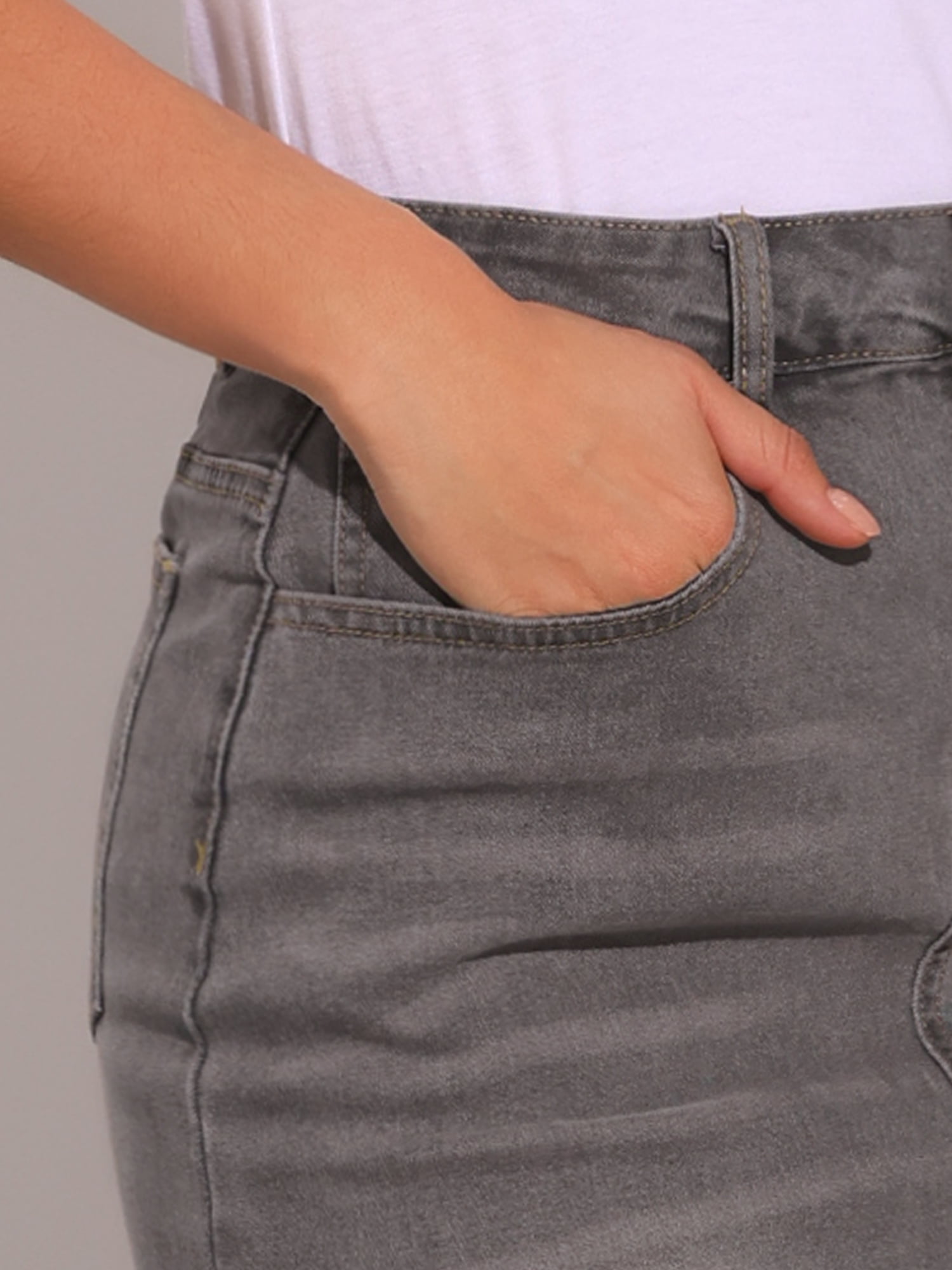 DARING DIVA Women's Denim Split Back Pockets Midi Jean Skirts S Grey