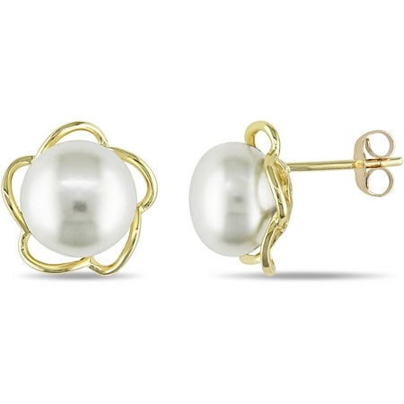 Miabella 9.5-10mm White Button Cultured Freshwater Pearl 10kt Yellow Gold Flower Stud Earrings