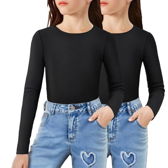 Arshiner 2 Packs Ribbed Knit Long Sleeve Shirts for Girls Soft Slim Fit Crewneck Casual Base Layer Tops Tees