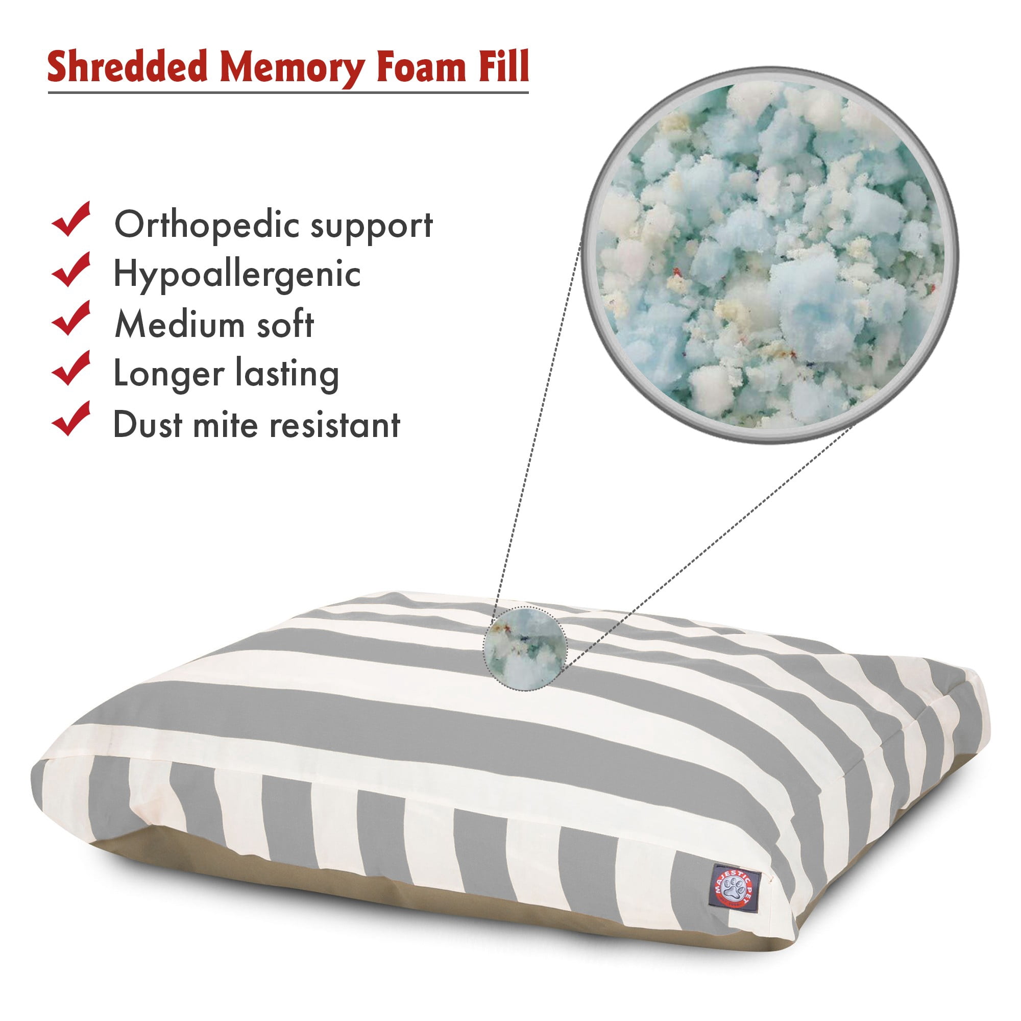 Majestic Pet | Vertical Stripe Shredded Memory Foam Rectangle Pet Bed For Dogs, Removable Cover, Gray, Medium