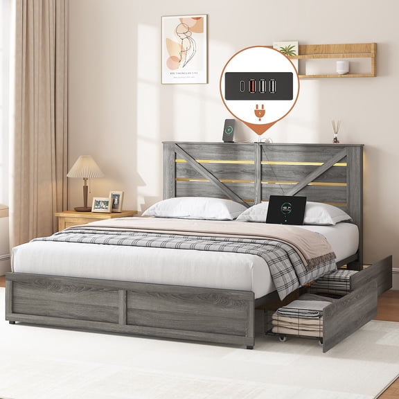 Grey Queen-size Storage Bed Frame with Storage Headboard (4 Storage Drawers on Bed Body   LED Lighting) – Anti-slip & Noise-free Metal Mattress Support Platform   Sturdy Metal Slat Base,