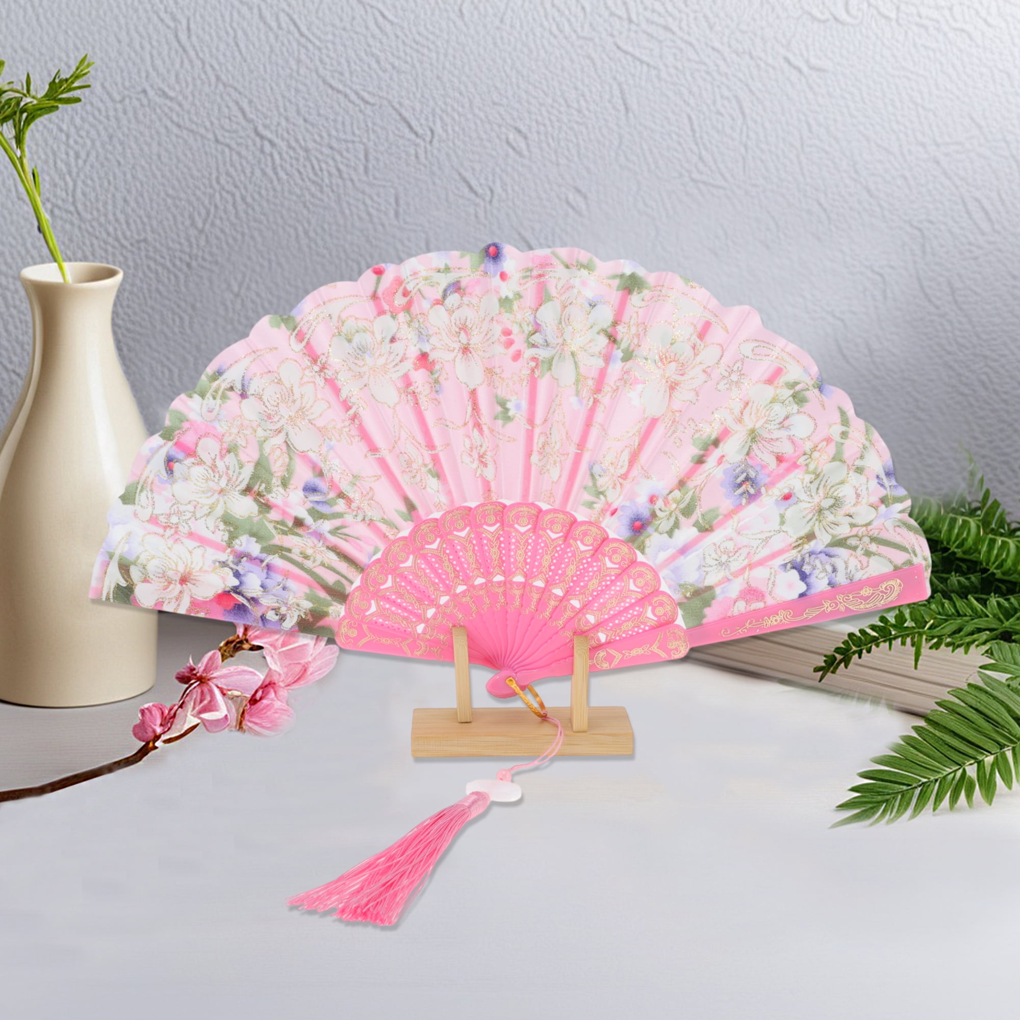 Unique Bargains Floral With Tassel Folding Fan 1Pc Pink