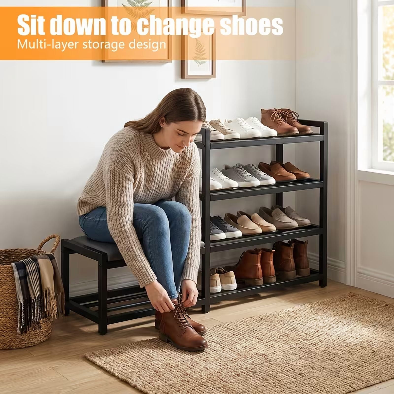 4-Tier Shoe Bench with Shoe Rack, Black Carbon Steel Frame, Space-Saving Entryway Organizer, Modern Shoe Storage for Narrow Hallway & Small Spaces