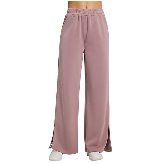 Cotton Wide Leg Pants for Women with Slits Elastic High Waist Loose Casual Fall Spring Baggy Lounge Sweatpants (XL, Pink)