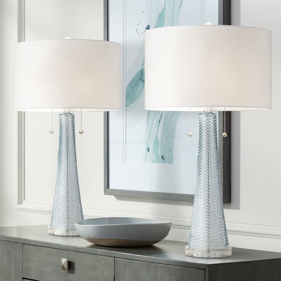 Possini Euro Design Modern Table Lamps 28.5" Tall Set of 2 Light Sky Blue Fluted Glass White Drum Shade for Living Room Bedroom Office Family
