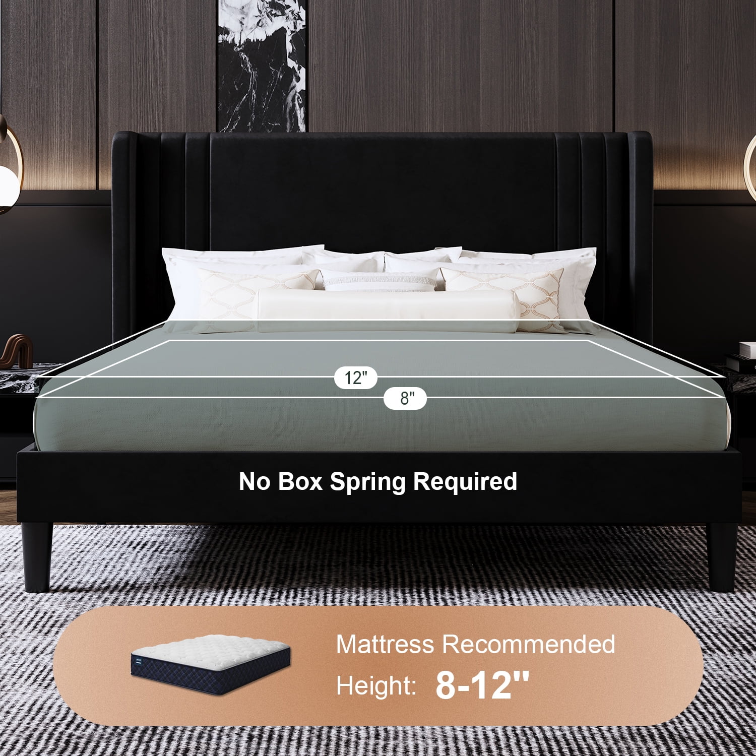 Amolife Queen Size Bed Frame, Velvet Platform Bed with Upholstered Wingback Headboard, No Box Spring Needed, Black