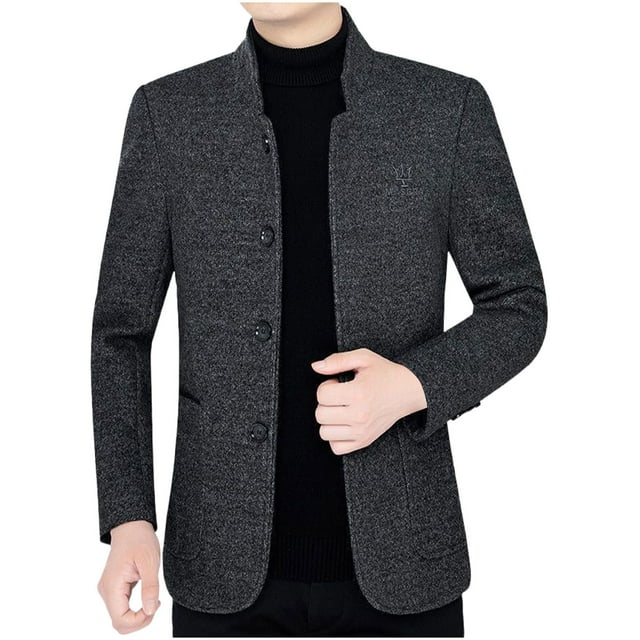 Lovzfmll Men's Wool Blazer Fleece Lined Solid Color Notched Lapel Black, 4XL