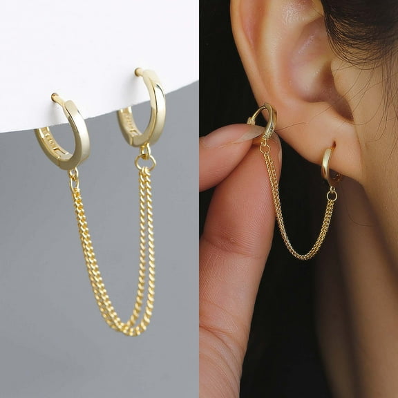 Chain Linked Hoop Earrings in Sterling Silver, Gold or Silver, Double Piercing Hoop Earrings, Double Hoop Earring Linking Chain