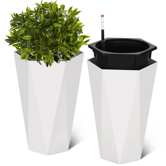 23 Inch Tall Outdoor Planters Set of 2, Self Watering Pots for Indoor Plants with Water Level Monitor & Drainage Hole & Wheels, Large Planter Pots for Garden, Patio, Balcony, White
