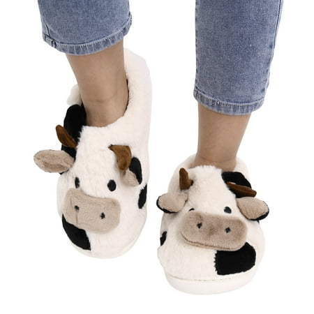 

GHSOHS Cute Cow Fuzzy Slippers for Women Animal Cartoon Home Shoes Indoor Outdoor Non Slip Memory Foam Soft Cotton House Slippers