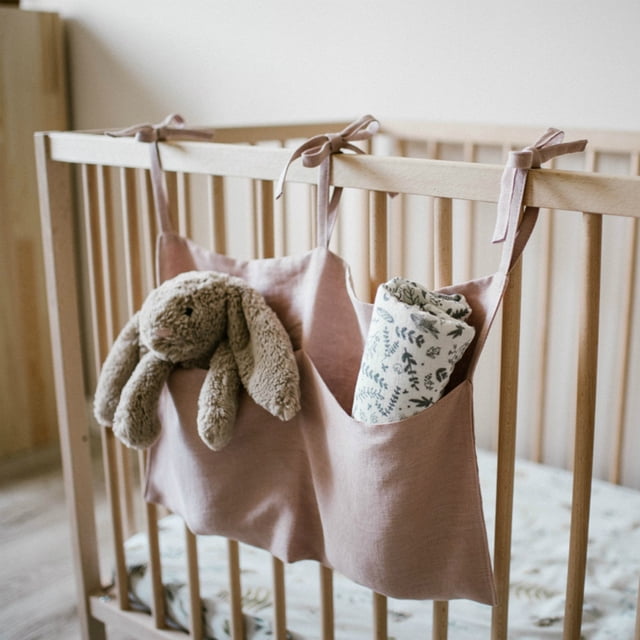Bolsas de almacenamiento colgantes para cuna de bebé con correas ajustables, 2 bolsillos, organizador de lino para cuna de bebé, pañales, tela, juguetes