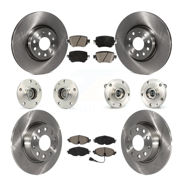 Transit Auto Front Rear Hub Bearings Assembly Disc Brake Rotors and Ceramic Pads Kit (10Pc) for Car Volkswagen Passat - Left Right Side (Driver Passenger) KBB-125168