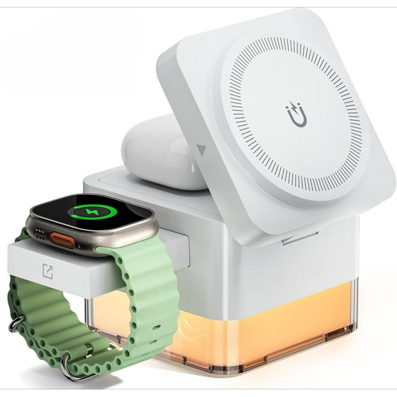 for iPhone Nightstand Charging Station,15W 3 in 1 Wireless Phone Charger Stand with Night Lamp, Travel Foldable Magnetic Cube Magsafe Dock for iPhone 17 16 15 14 13 12 Series/Apple Watch/Airpods