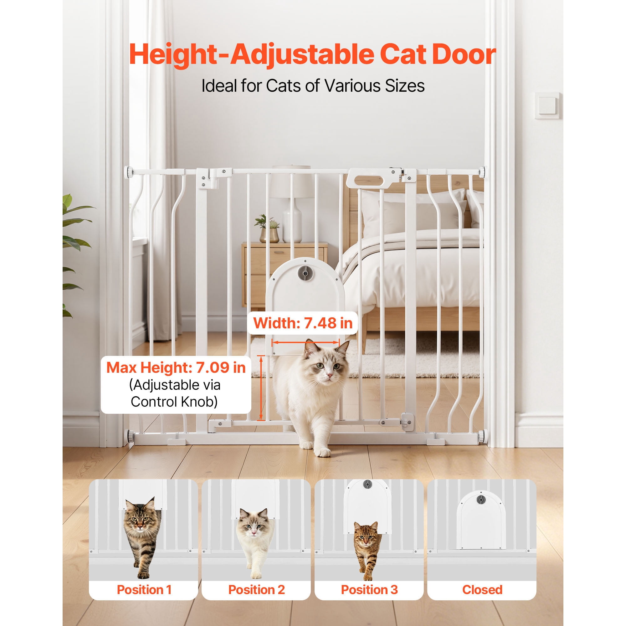 KFFKFF Adjustable Baby Gate for Stairs, 29.5-43 in Width, Baby Gate with Cat Door, Includes Pressure and Wall Mount Kits, Secure Metal Gate for Stairs, Doorways, and Home Use, White
