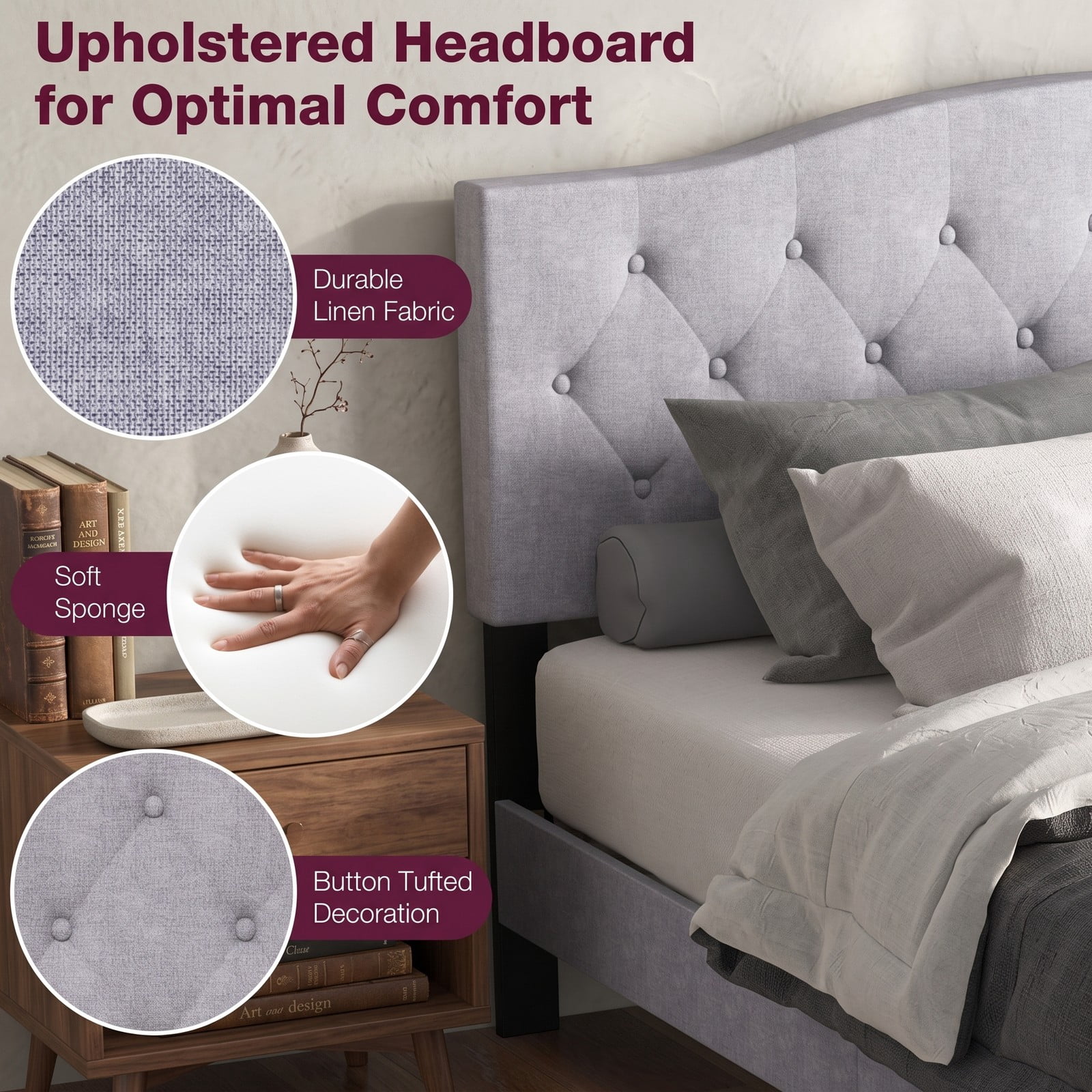 Furnibear Queen Bed Frame Upholstered Platform Bed with Button Tufted Headboard and Wooden Slats for Bedroom and Guest Room, Gray