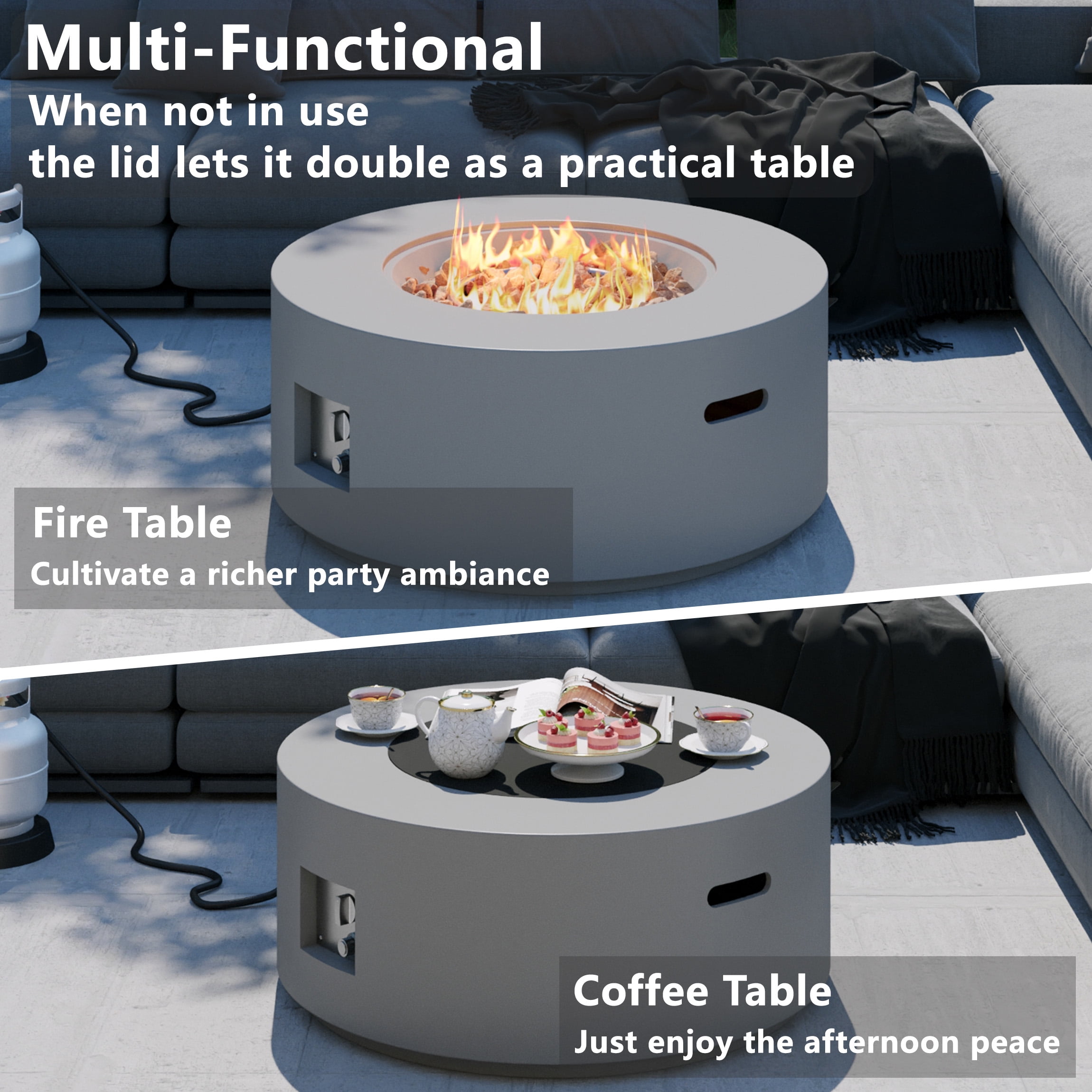 Wakeyard 32.5 inch Round Propane Fire Pit Table, 50000 BTU, Includes Lava Rock,Gray