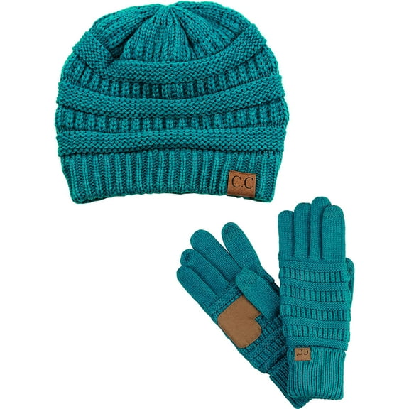 C.C Unisex Soft Stretch Cable Knit Beanie and Anti-Slip Touchscreen Gloves 2 Pc Set, Teal