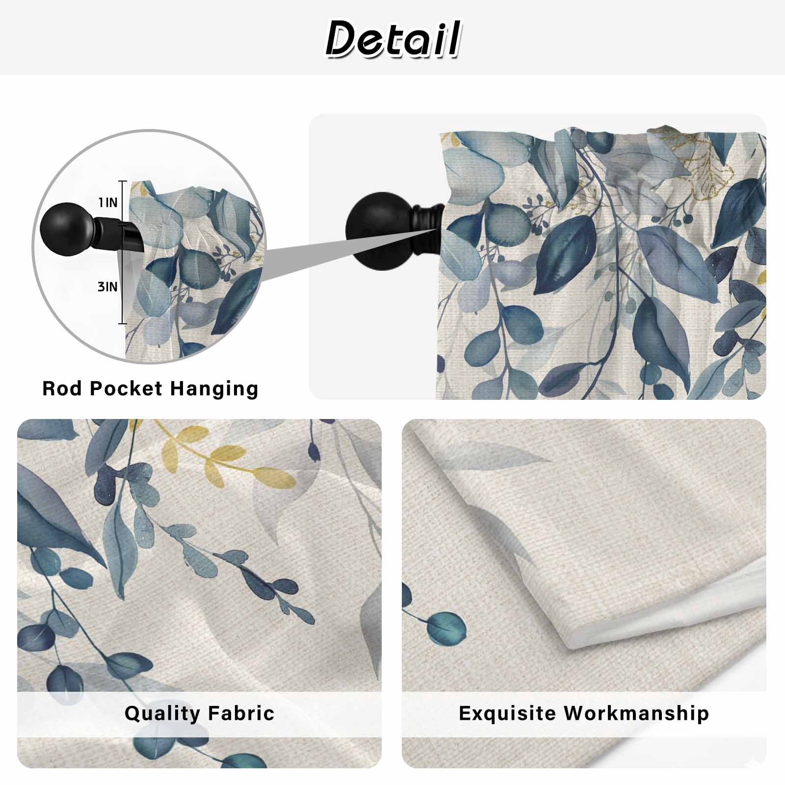 Navy Blue Eucalyptus Tier Curtains 36 Inch Length, Farmhouse Weeping Leaves Linen Cafe Short Curtains for Bathroom Over Sink, Small Kitchen Curtain Light Filtering Tiered Drapes 2 Panels 27.5"Wx36"L