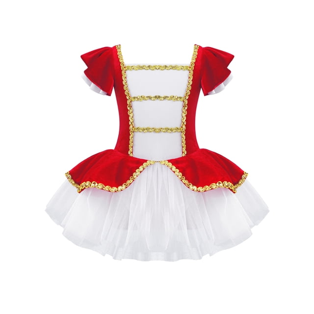Lejafay Robe de Maître de Cirque pour Filles Col Carré Manches Courtes Combinaison Ornée Carnaval Scène Fête Déguisement Rouge 14