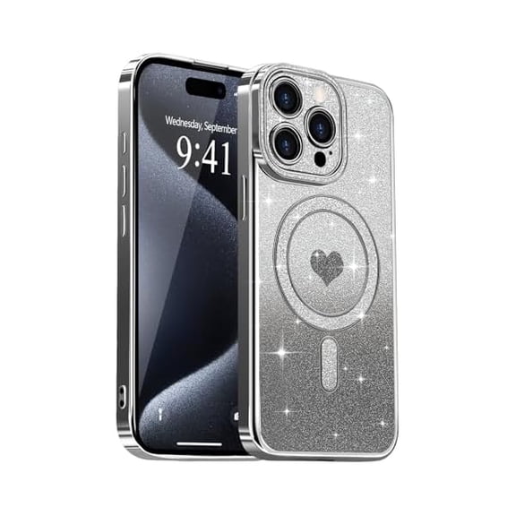 Magnetic for iPhone 15 Pro Case Glitter, Cute Love Heart Plating Luxury Sparkle Bling Clear Cover for Women Girls slim Silicone Camera Protection Shockproof Phone Case for iPhone 15 Pro, Black