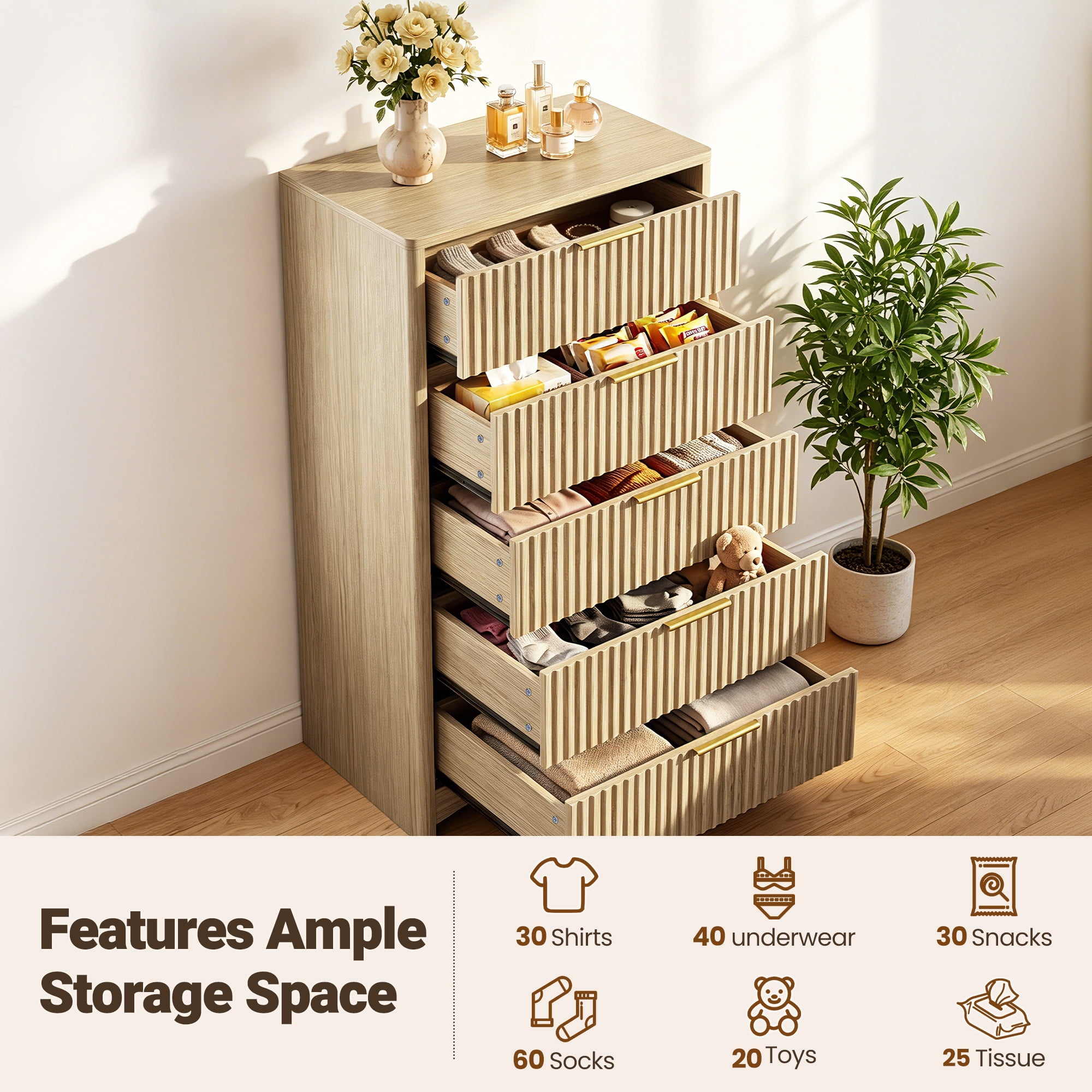 CHITOOMA Modern 5 Drawer Dresser for Bedroom, Fluted Wood Chest of Drawers with Gold Handles, Tall Storage Cabinet for Living Room, Natural