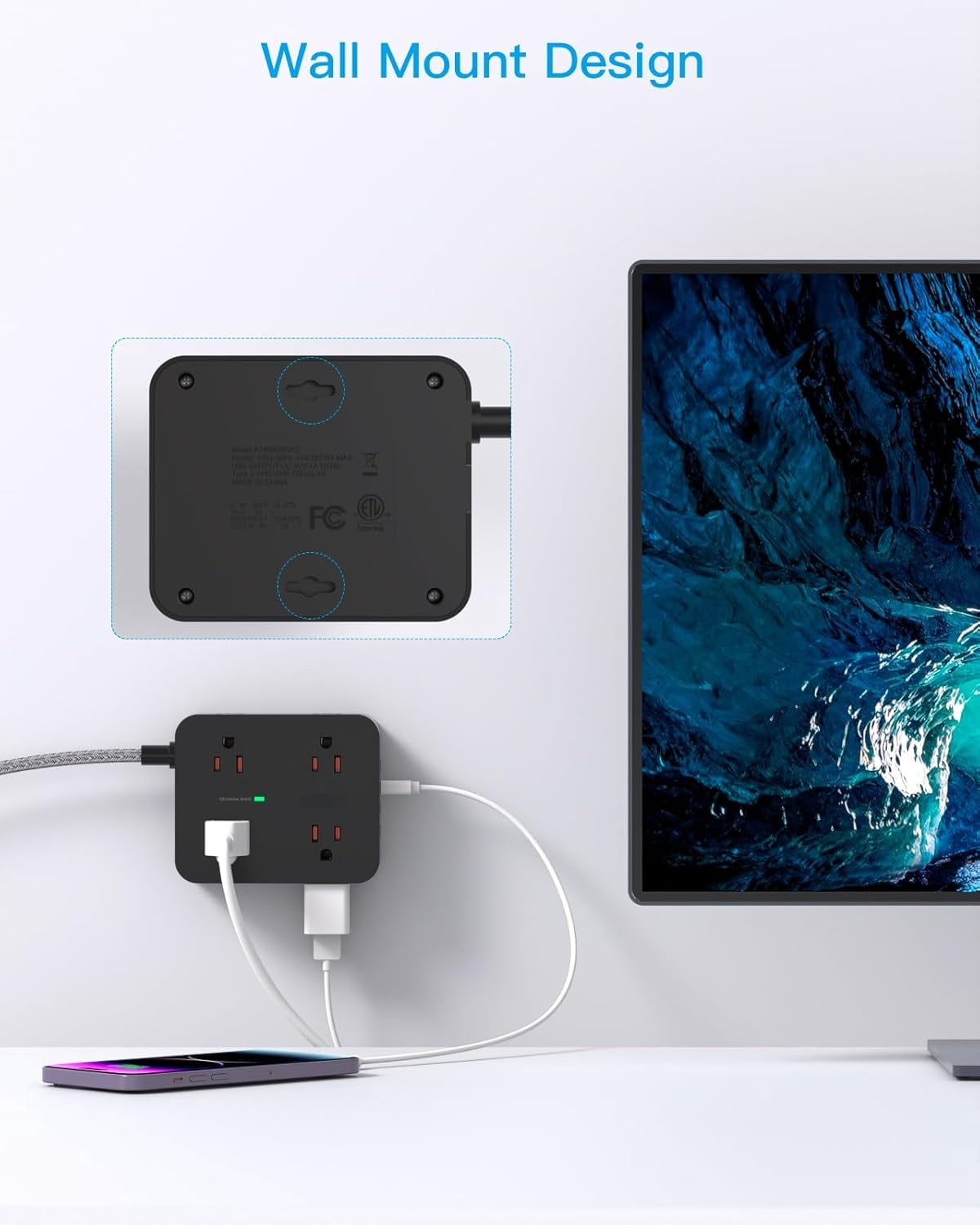 AllWays Plaza Long Extension Cord 15 ft, Surge Protector Power Strip 15 Feet with 4 Outlets 4 USB Ports (2 USB C), 3 Prong Desk Charging Station, Wall Mount for Indoor Essentials