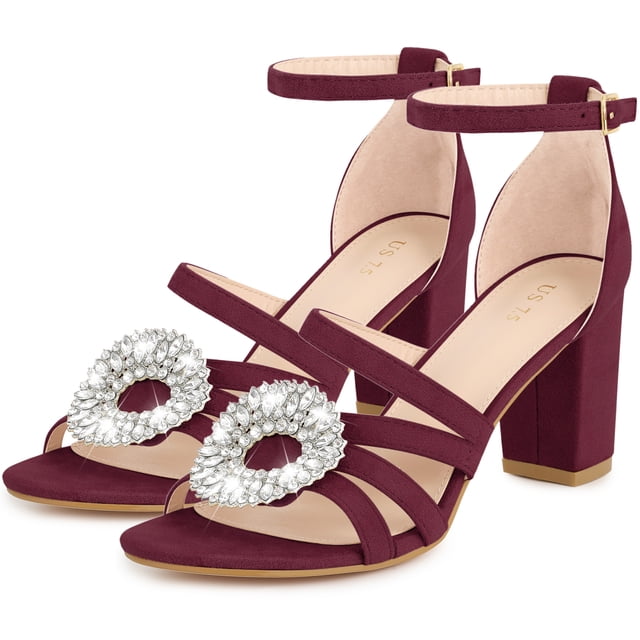 BLISSFUL STEP Women's Open Toe Crystal Rhinestone Buckle Chunky Heel Burgundy Sandal 6 M US