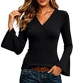 thumbnail image 5 of CQONEPT Womens Ribbed Knit Bell Sleeve Tops Plain Slim Fit V Neck Blouses Dressy Casual Going Out Shirt Tees Daily Wear Work Office Fall Outfits L, 5 of 6