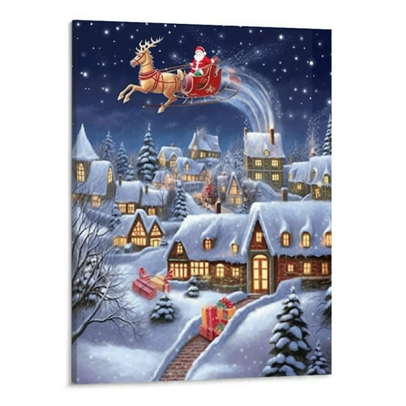 Christmas Wall Art Canvas - Christmas Pictures for Wall Decor, Winter Snowscape Santa Claus Painting Prints Framed Artwork for Living Room Decor Ready to Hang 16" x 20"  White