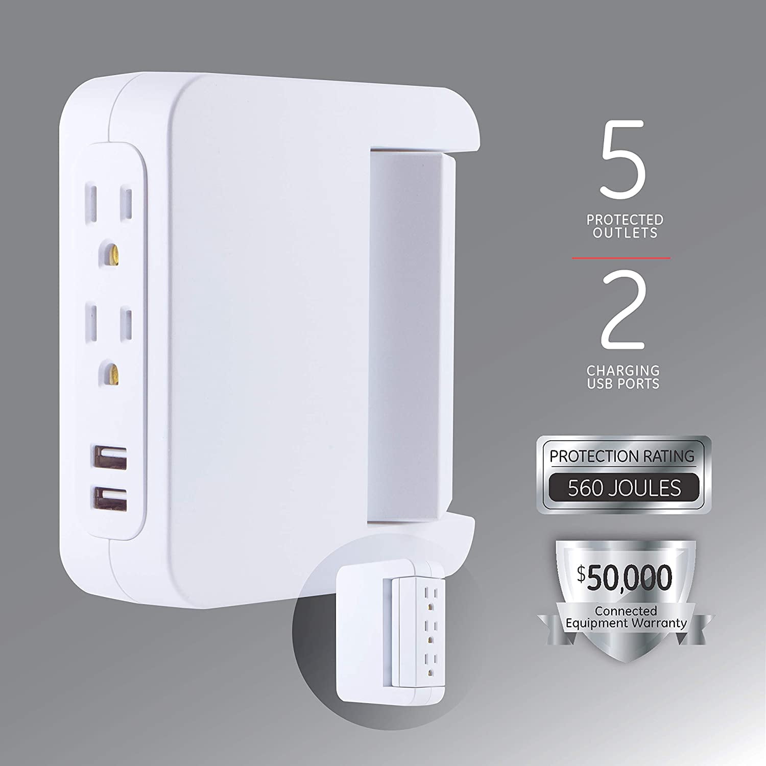 GE Pro Side-Access Swivel Surge Protector, 5-Outlet Wall Tap with 2 USB Ports, 3 Prong, Charging Station, 560 Joules, White, 2 Pack - 55246